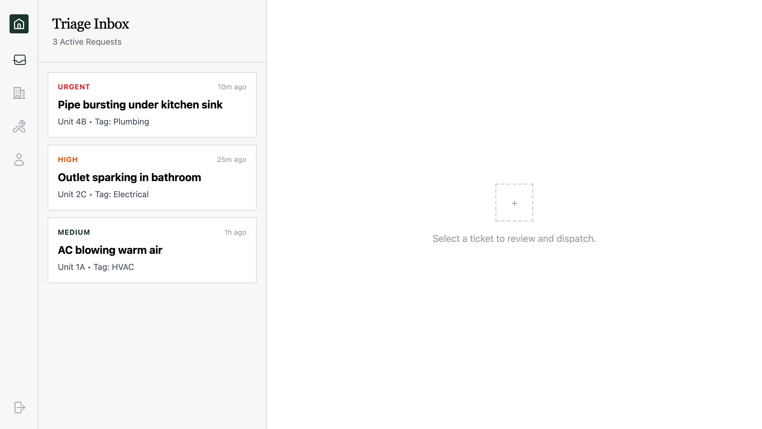 Ticket inbox showing prioritized maintenance requests