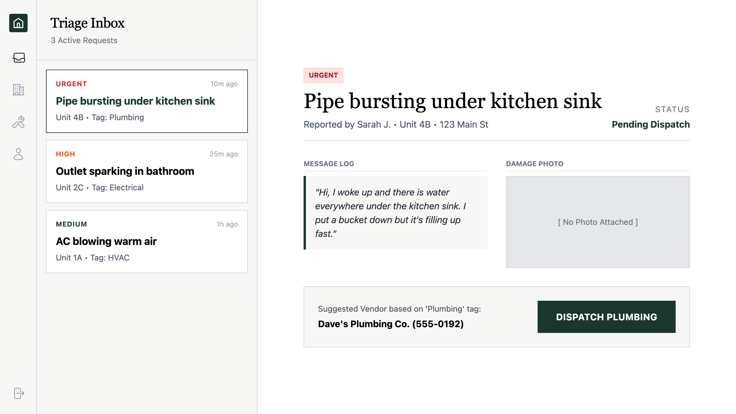 Ticket detail with one-click vendor dispatch button